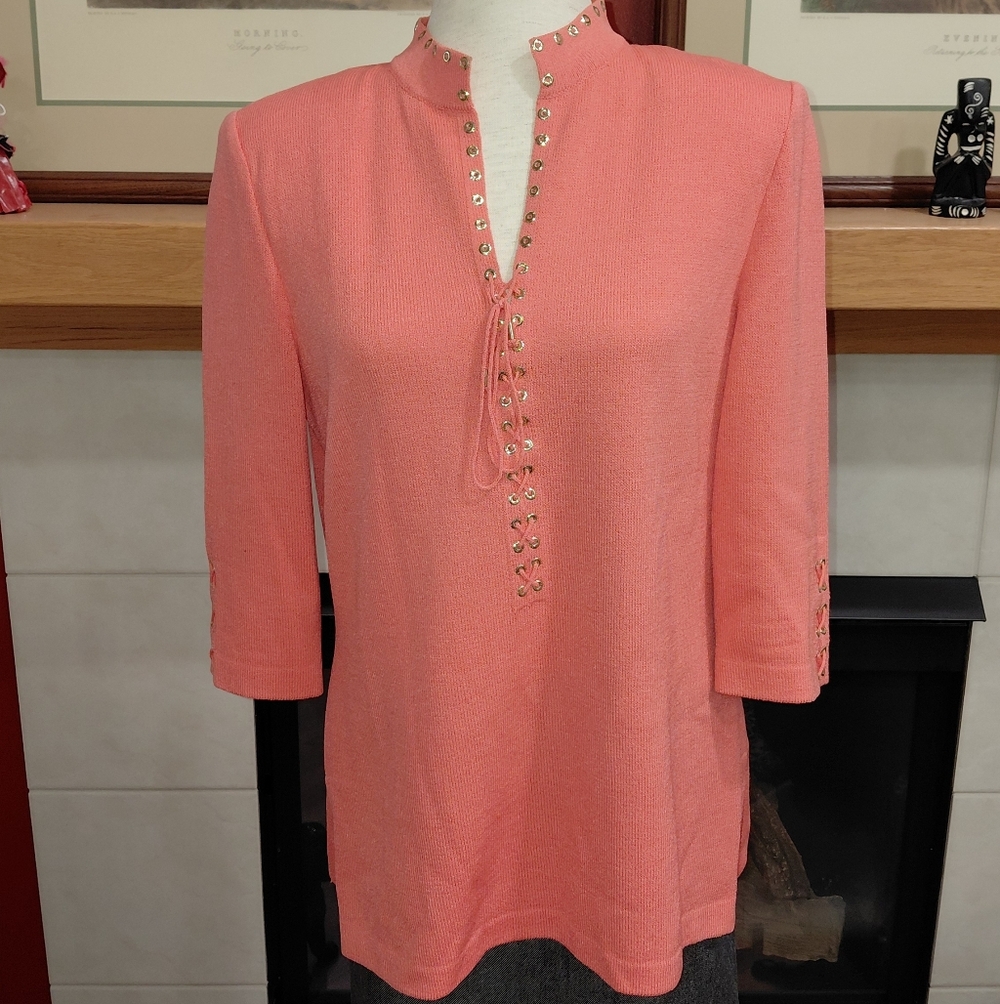 St. John Marie Gray Coral Peach Lace Stretch 3/4 Sleeve Knit Top SZ 8
